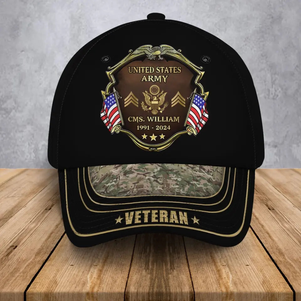 Personalized US Army Logo Rank Gold Custom Name & Time Cap 3D Printed AHVA241374