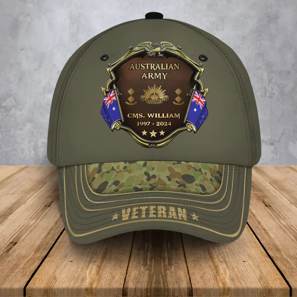 Personalized Australian Army Logo Rank Gold Custom Name & Time Cap 3D Printed AHVA241374