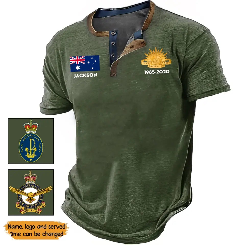 Personalized Australian Veteran Branch Logo Custom Name & Time Lapel Button Men's Short Sleeves Neck Short Sleeve Button T shirt Printed QTKH241389