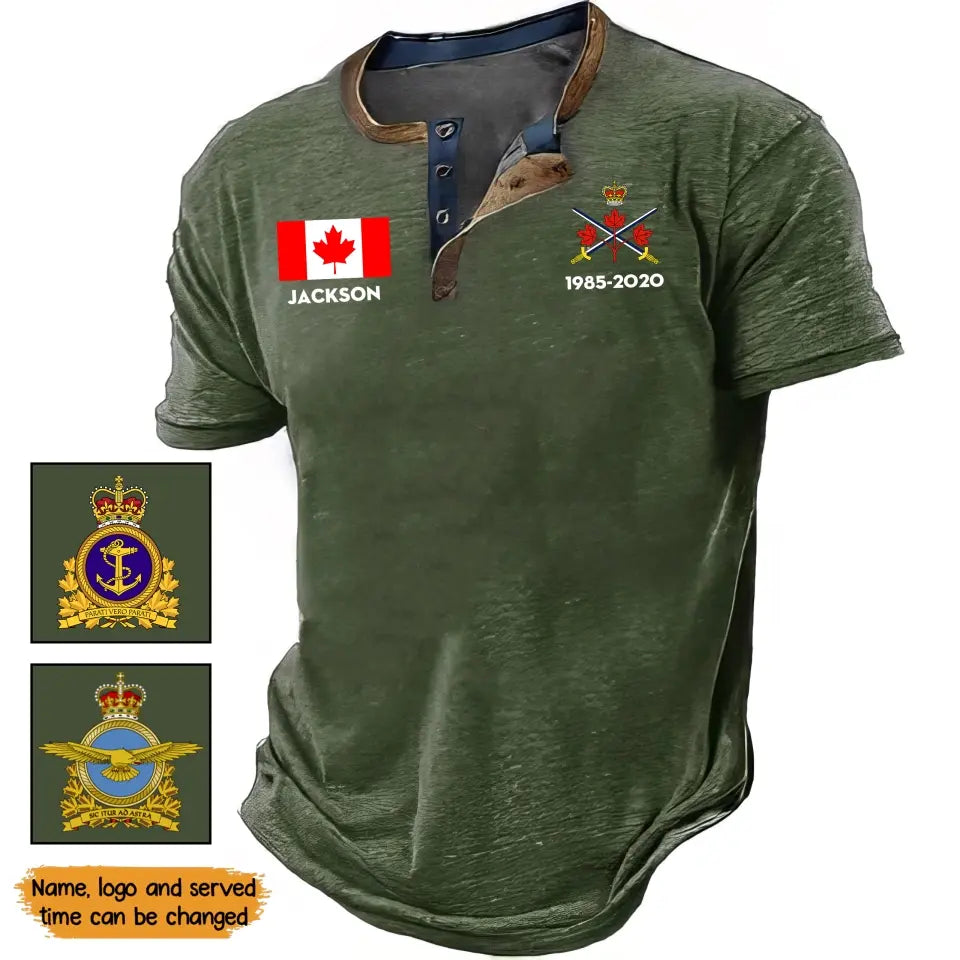 Personalized Canadian Veteran Branch Logo Custom Name & Time Lapel Button Men's Short Sleeves Neck Short Sleeve Button T shirt Printed QTKH241389
