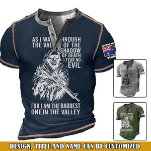 Personalized As I Walk Through The Valley Of The Shadow Of Death I Fear No Evil For I Am The Baddest One In The Valley Australian Veteran Lapel Button Men's Short Sleeves Neck Short Sleeve Button T shirt Printed VQ241395