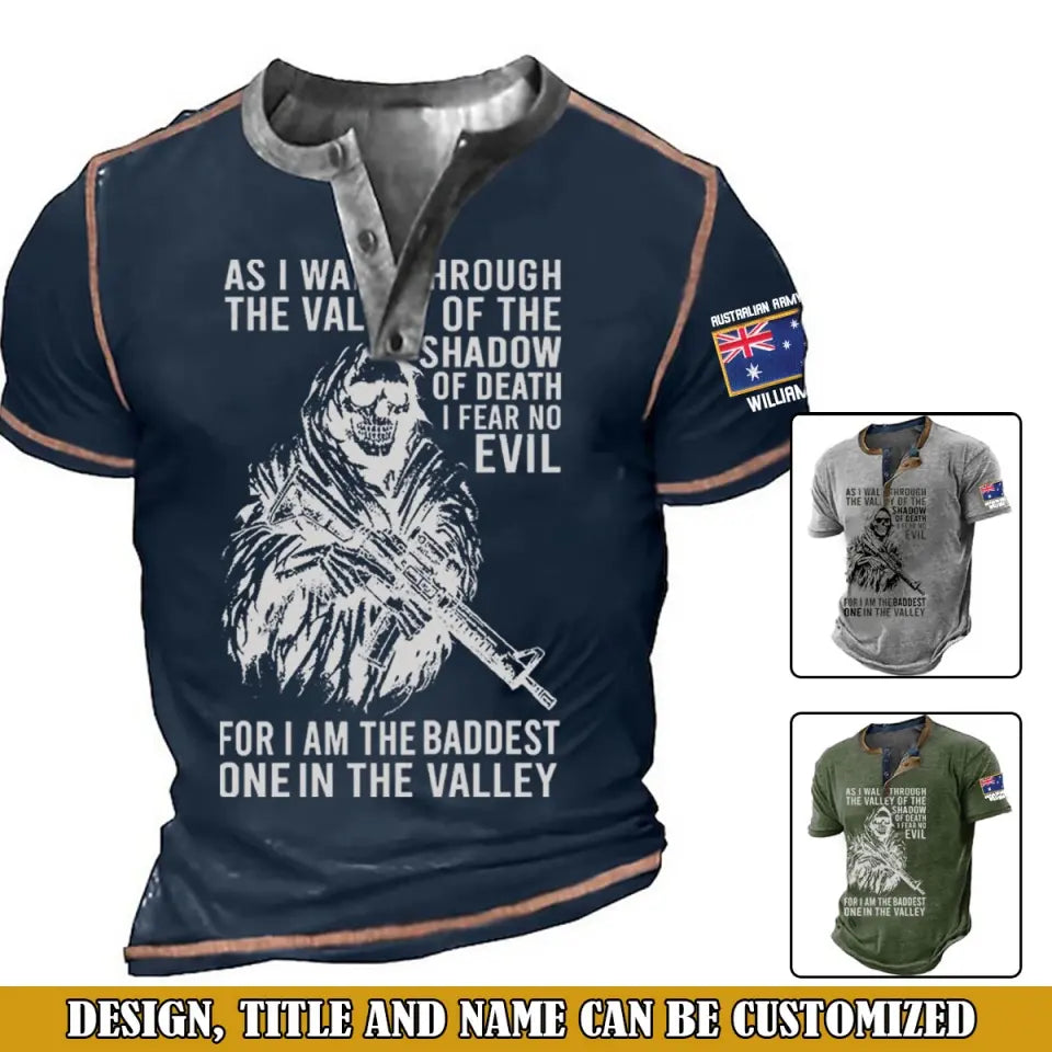Personalized As I Walk Through The Valley Of The Shadow Of Death I Fear No Evil For I Am The Baddest One In The Valley Australian Veteran Lapel Button Men's Short Sleeves Neck Short Sleeve Button T shirt Printed VQ241395
