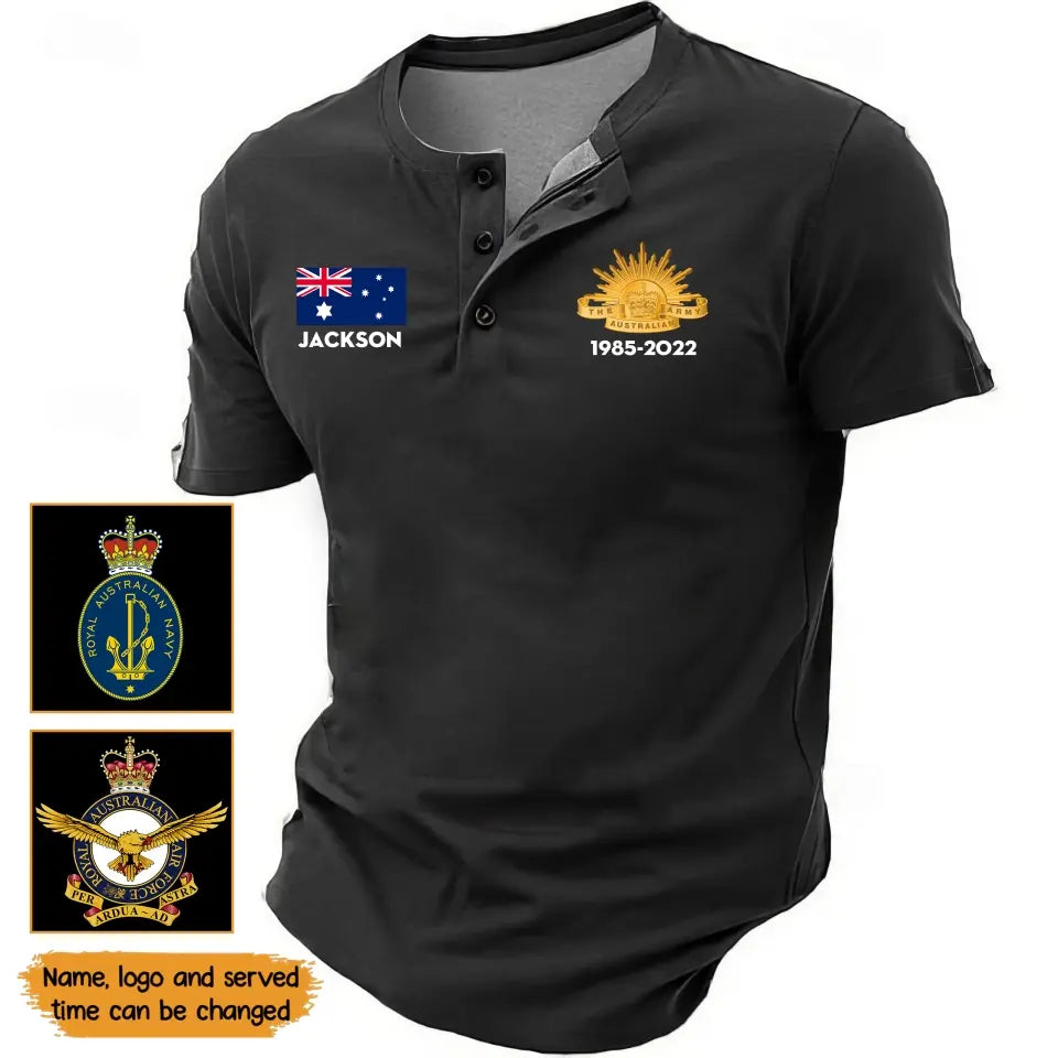 Personalized Australian Veteran Branch Logo Custom Name & Time Lapel Button Men's Short Sleeves Neck Short Sleeve Button T shirt Printed KH241399