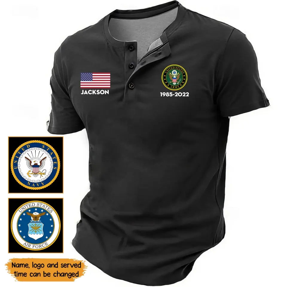 Personalized US Veteran Branch Logo Custom Name & Time Lapel Button Men's Short Sleeves Neck Short Sleeve Button T shirt Printed KH241399
