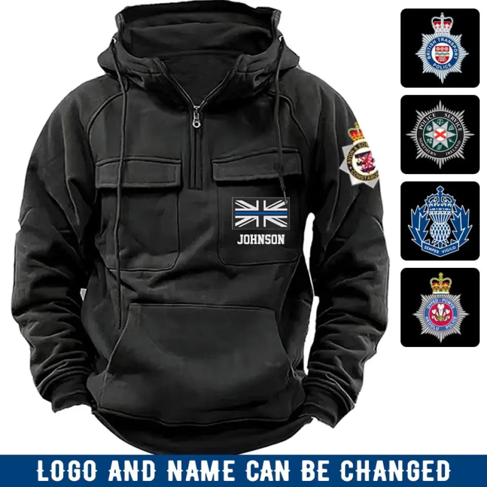 Personalized UK Police Branch Logo UK Police Flag Custom Name American Retro Hooded Sweatshirt Printed LVA241405