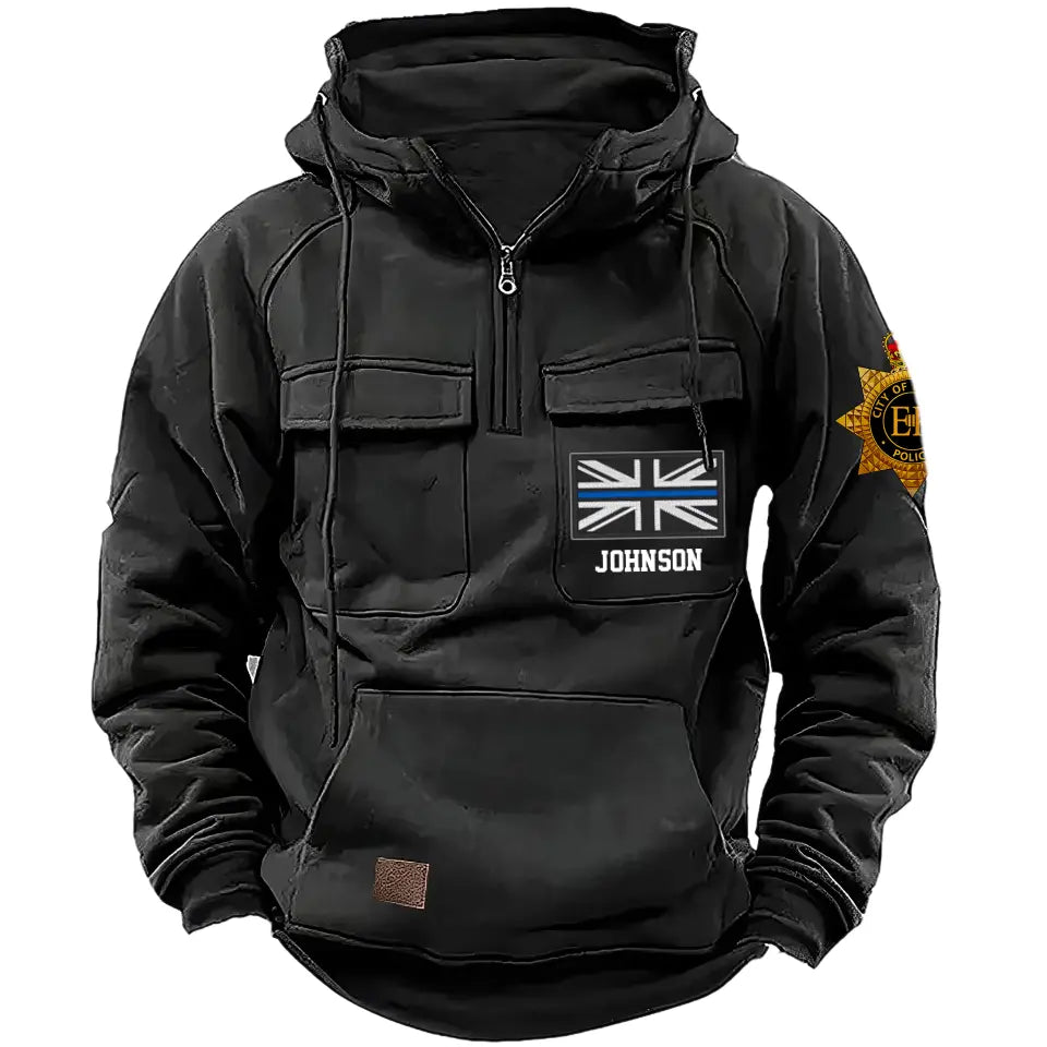 Personalized UK Police Branch Logo UK Police Flag Custom Name American Retro Hooded Sweatshirt Printed LVA241405