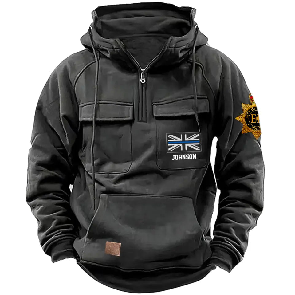 Personalized UK Police Branch Logo UK Police Flag Custom Name American Retro Hooded Sweatshirt Printed LVA241405