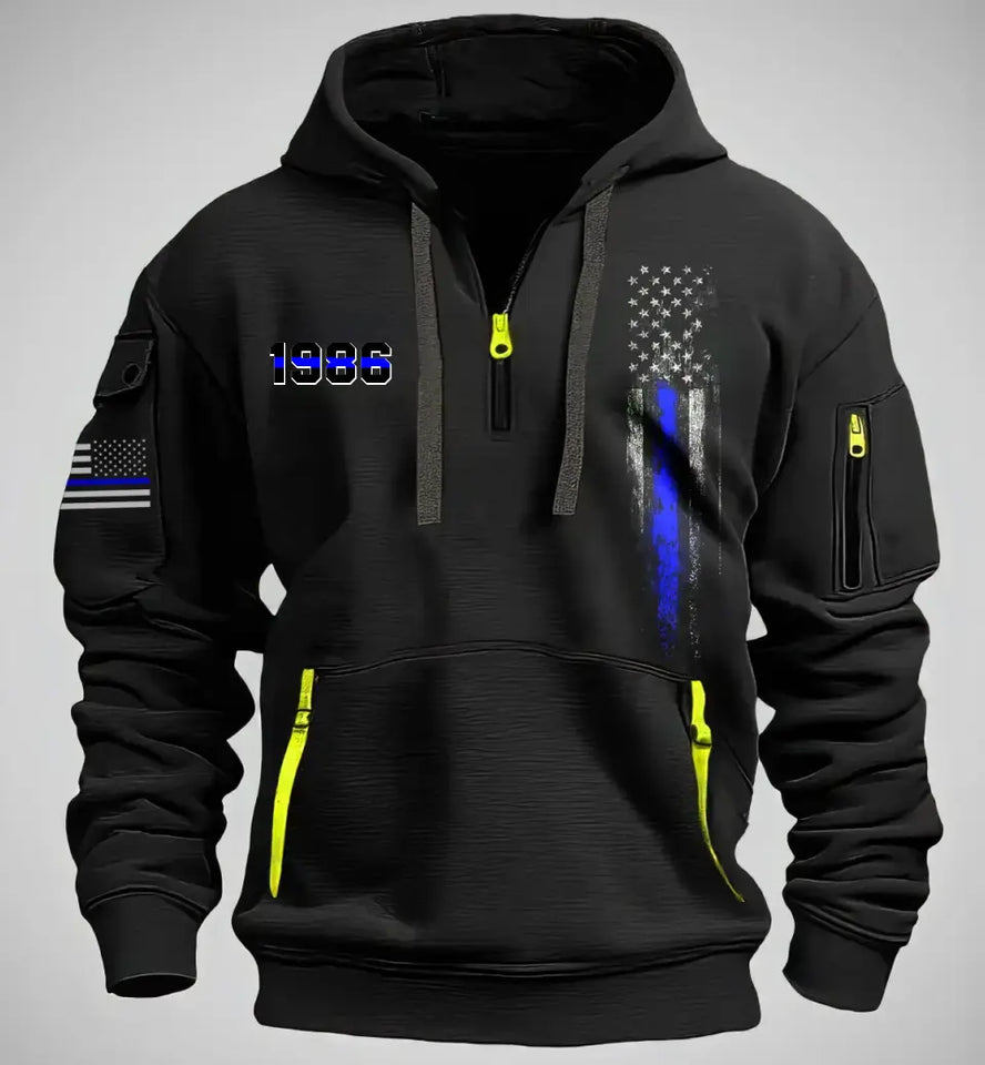 Personalized US Police Flag Blue Line Police ID Quarter Zip Hoodie 2D Printed KVH241411