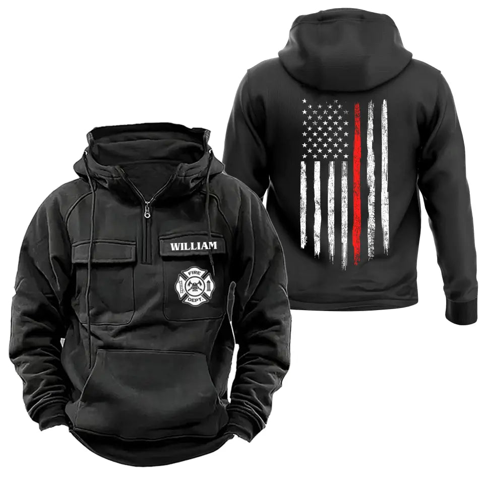 Personalized US Firefighter Logo US Flag Red Line Custom Name American Retro Hooded Sweatshirt Printed LVA241412