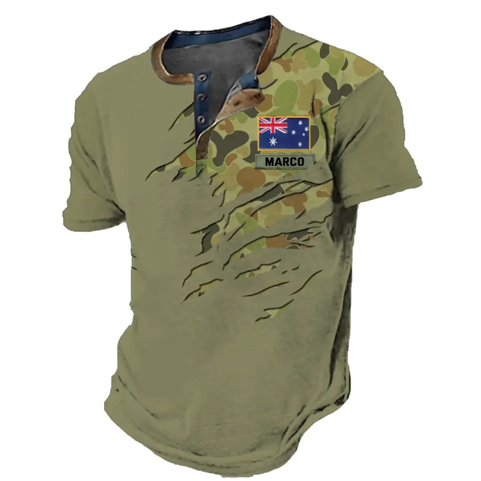 Personalized Australian Veteran Camo Custom Name Lapel Button Men's Short Sleeves Neck Short Sleeve Button T shirt Printed QTVQ241416