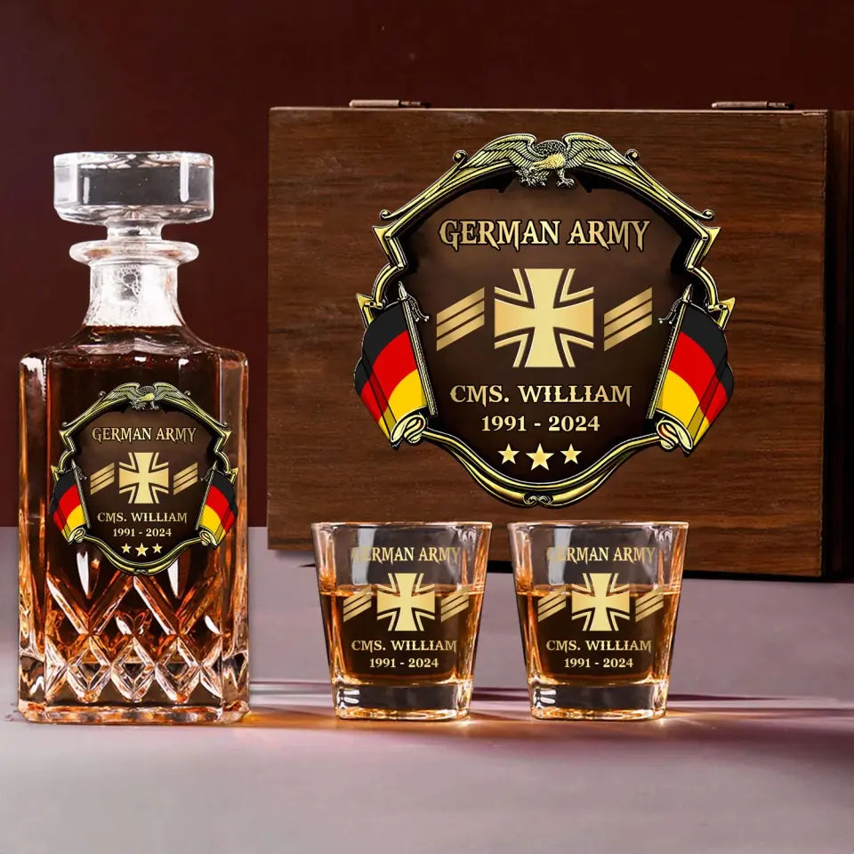 Personalized German Veteran Branch Logo Rank Gold Custom Name & Time Decanter Set with Glasses printed AHVA241425