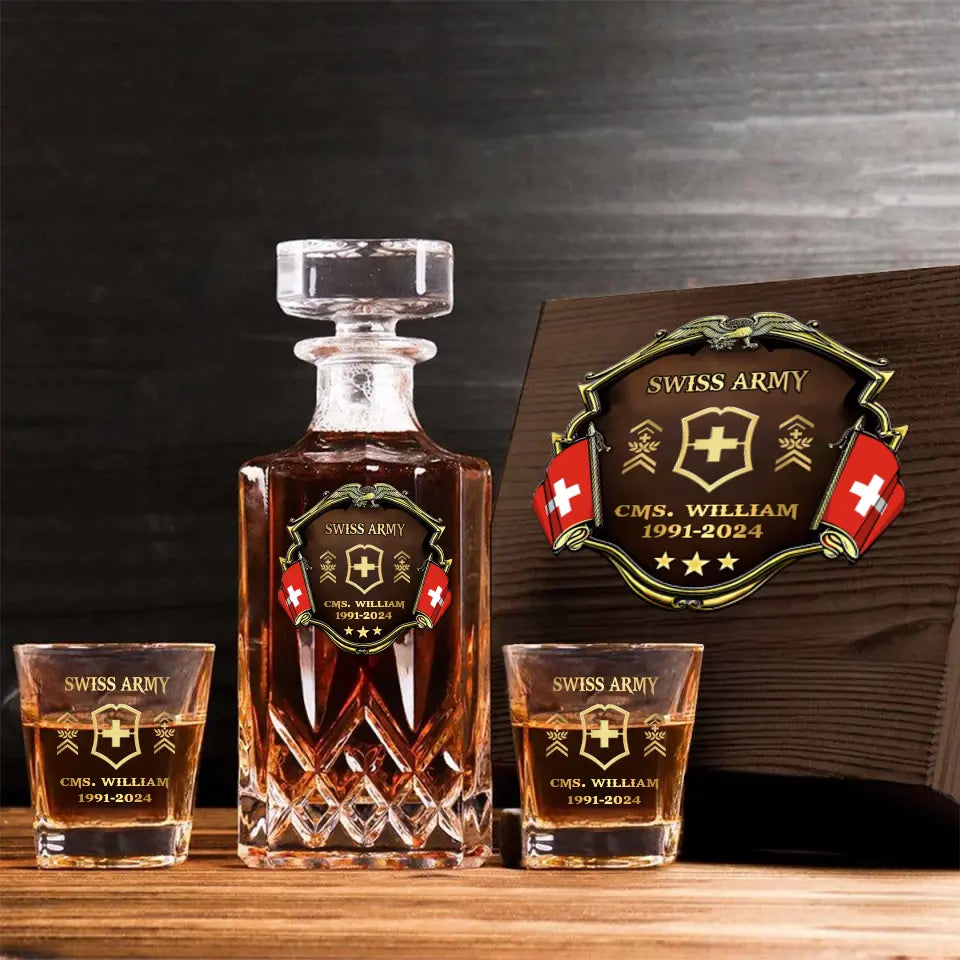 Personalized Swiss Veteran Branch Logo Rank Gold Custom Name & Time Decanter Set with Glasses printed AHVA241425
