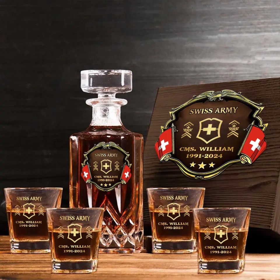 Personalized Swiss Veteran Branch Logo Rank Gold Custom Name & Time Decanter Set with Glasses printed AHVA241425