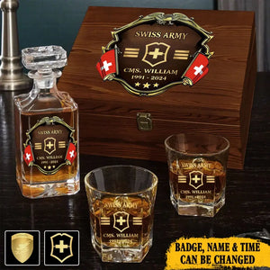 Personalized Swiss Veteran Branch Logo Rank Gold Custom Name & Time Decanter Set with Glasses printed AHVA241425