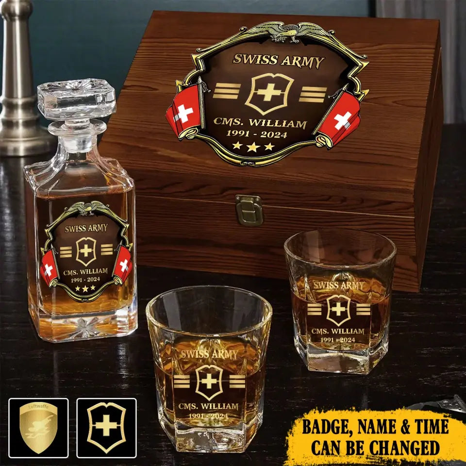 Personalized Swiss Veteran Branch Logo Rank Gold Custom Name & Time Decanter Set with Glasses printed AHVA241425