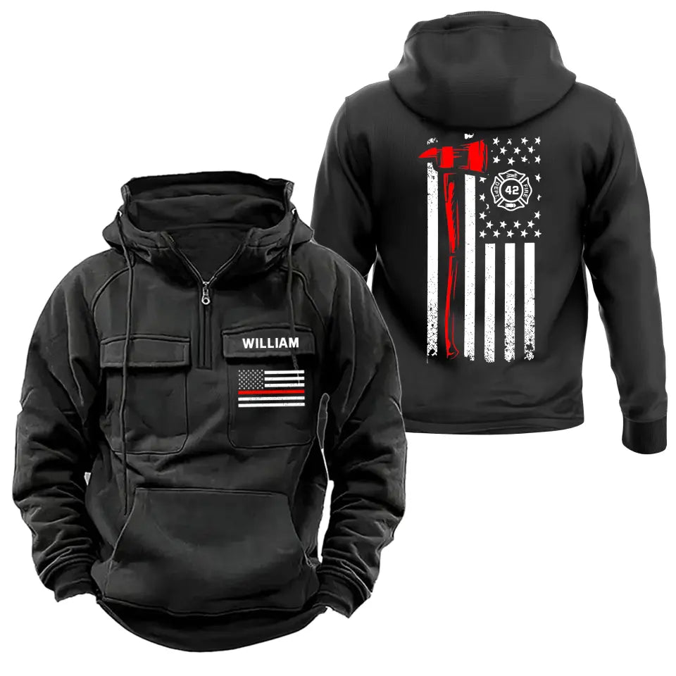 Personalized US Firefighter Logo US Flag Custom Name & ID American Retro Hooded Sweatshirt Printed VQ241429