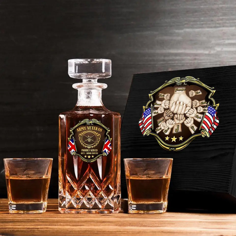 Personalized UK Veteran Logo Proudly Served Duty Honor Country Decanter Set with Glasses Printed AHVQ241455