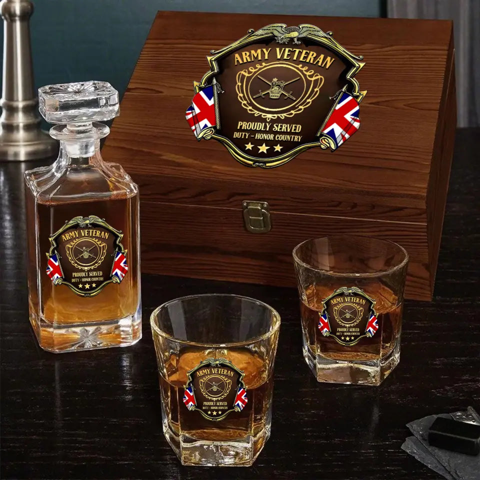 Personalized UK Veteran Logo Proudly Served Duty Honor Country Decanter Set with Glasses Printed AHVQ241455