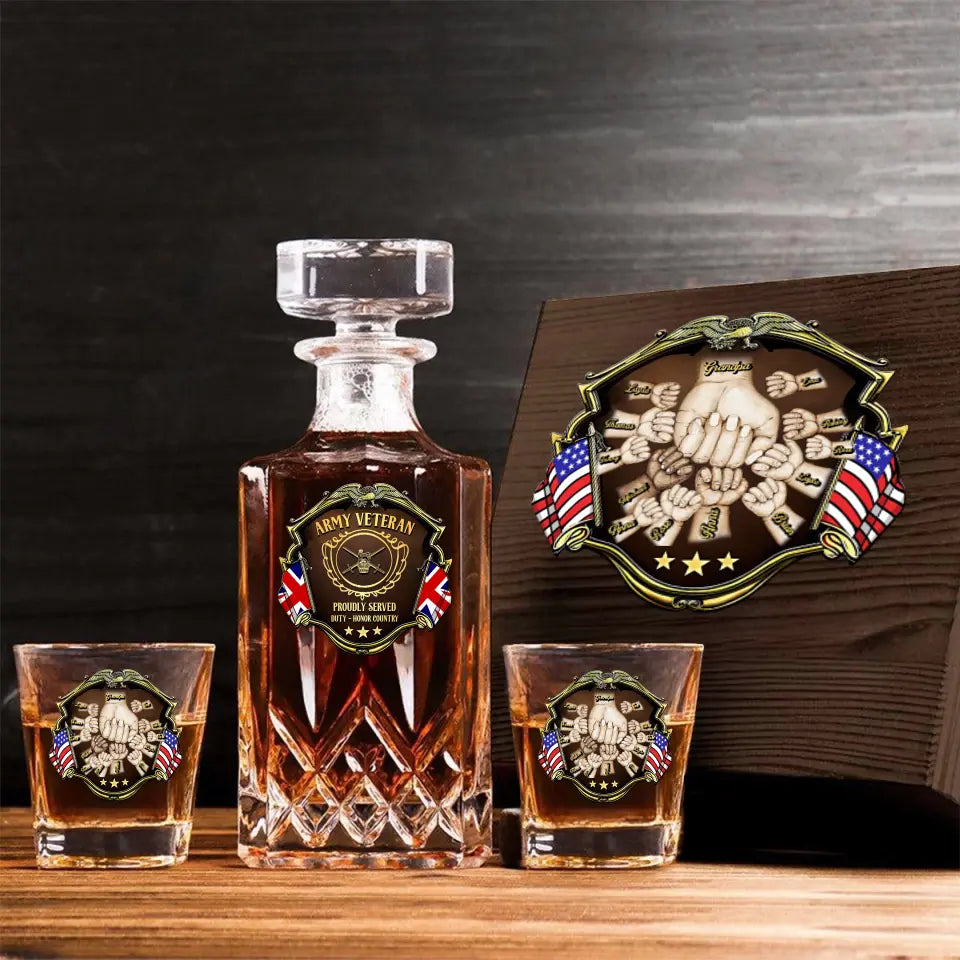 Personalized UK Veteran Logo Proudly Served Duty Honor Country Decanter Set with Glasses Printed AHVQ241455