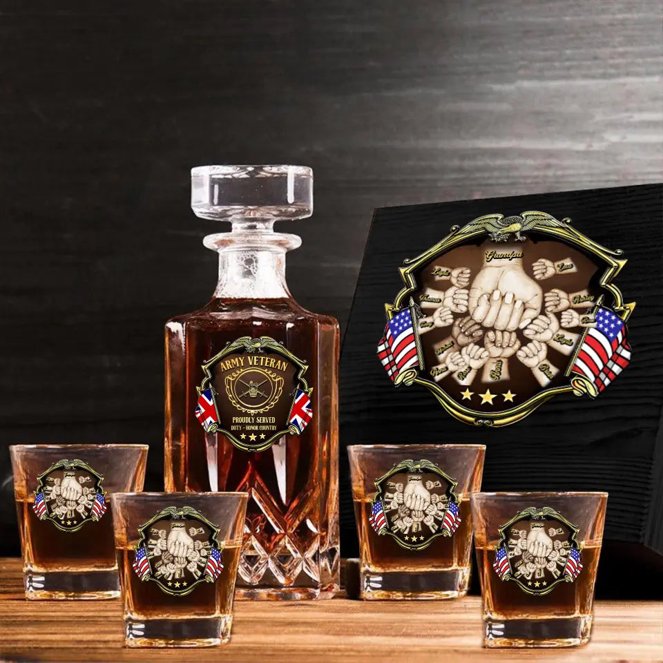 Personalized UK Veteran Logo Proudly Served Duty Honor Country Decanter Set with Glasses Printed AHVQ241455