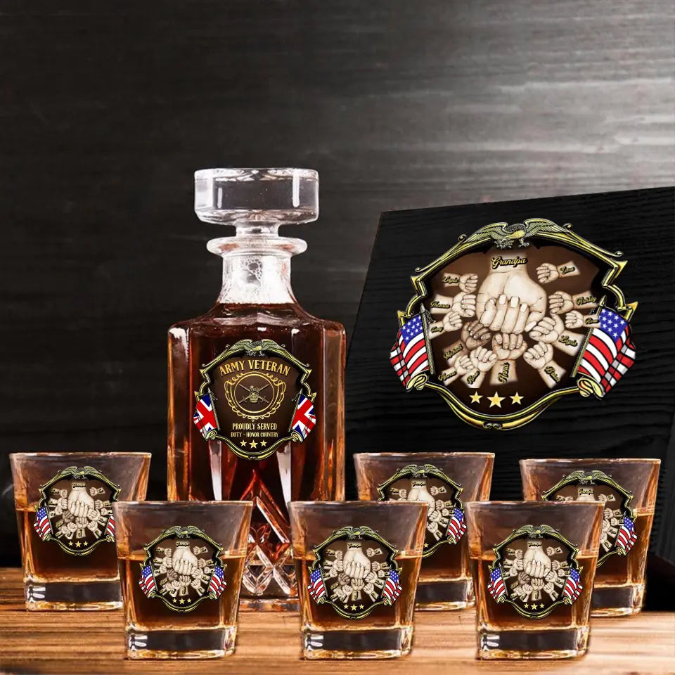 Personalized UK Veteran Logo Proudly Served Duty Honor Country Decanter Set with Glasses Printed AHVQ241455