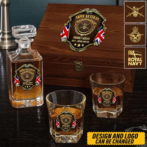Personalized UK Veteran Logo Proudly Served Duty Honor Country Decanter Set with Glasses Printed AHVQ241455