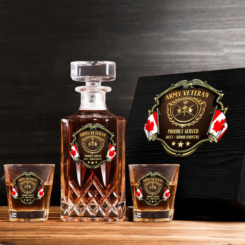 Personalized Canadian Veteran Logo Proudly Served Duty Honor Country Decanter Set with Glasses Printed AHVQ241455