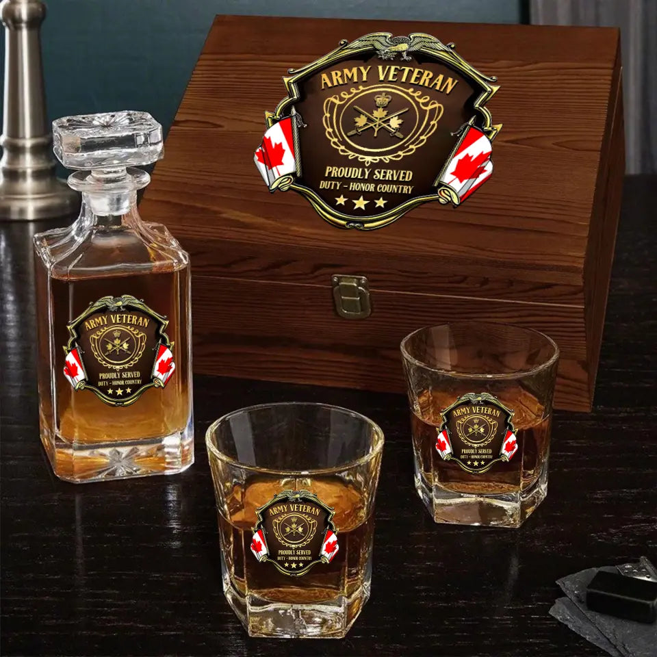 Personalized Canadian Veteran Logo Proudly Served Duty Honor Country Decanter Set with Glasses Printed AHVQ241455