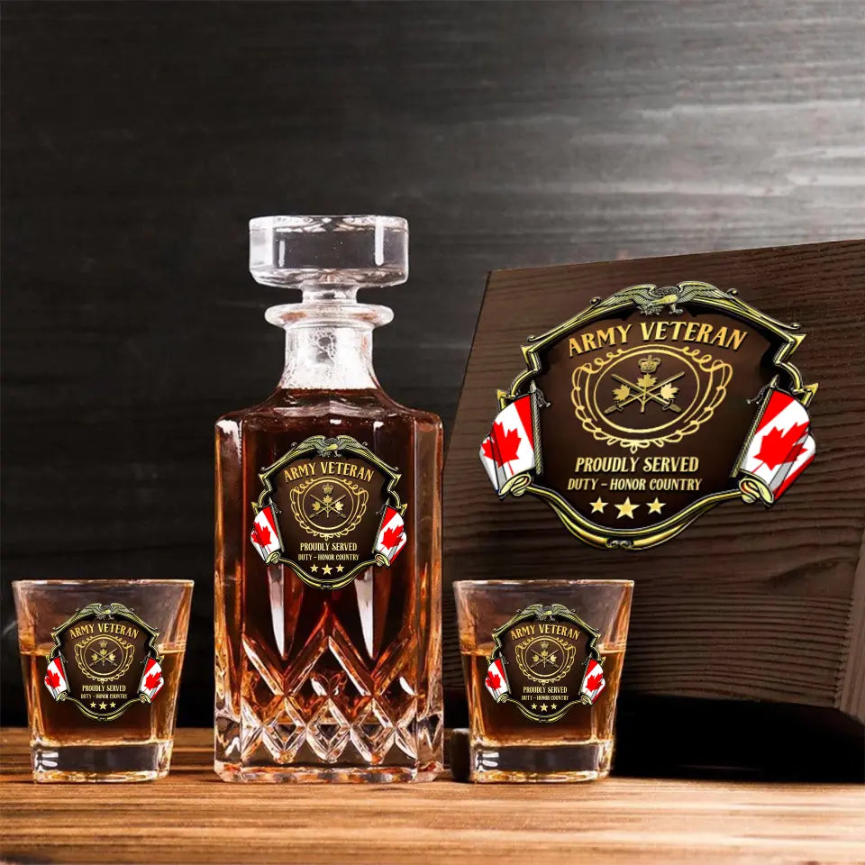 Personalized Canadian Veteran Logo Proudly Served Duty Honor Country Decanter Set with Glasses Printed AHVQ241455