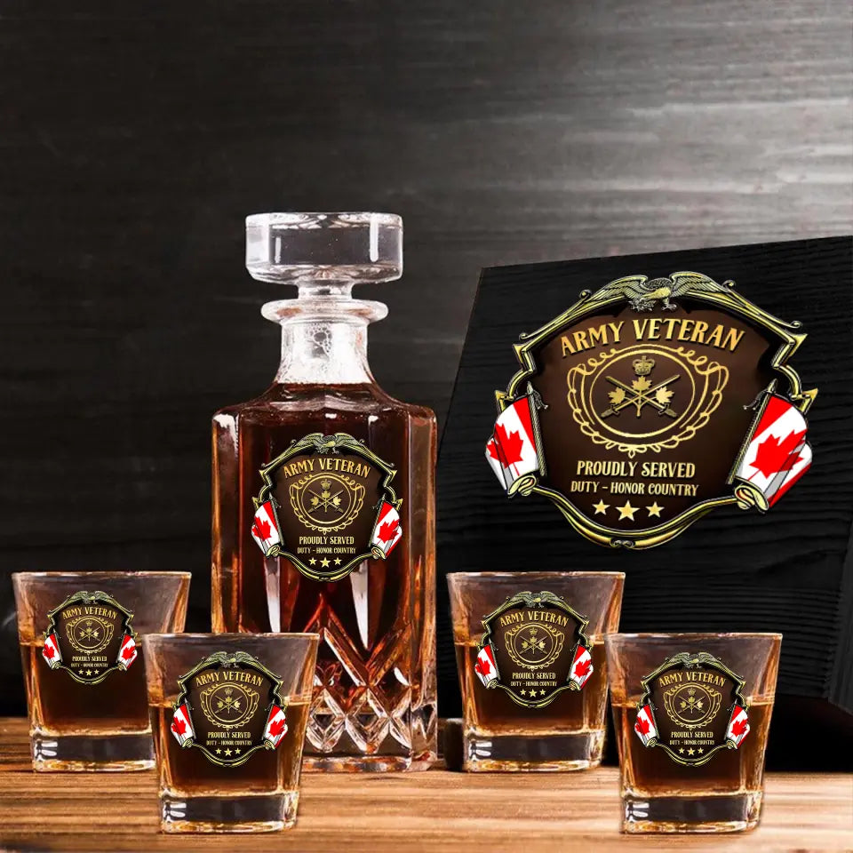 Personalized Canadian Veteran Logo Proudly Served Duty Honor Country Decanter Set with Glasses Printed AHVQ241455