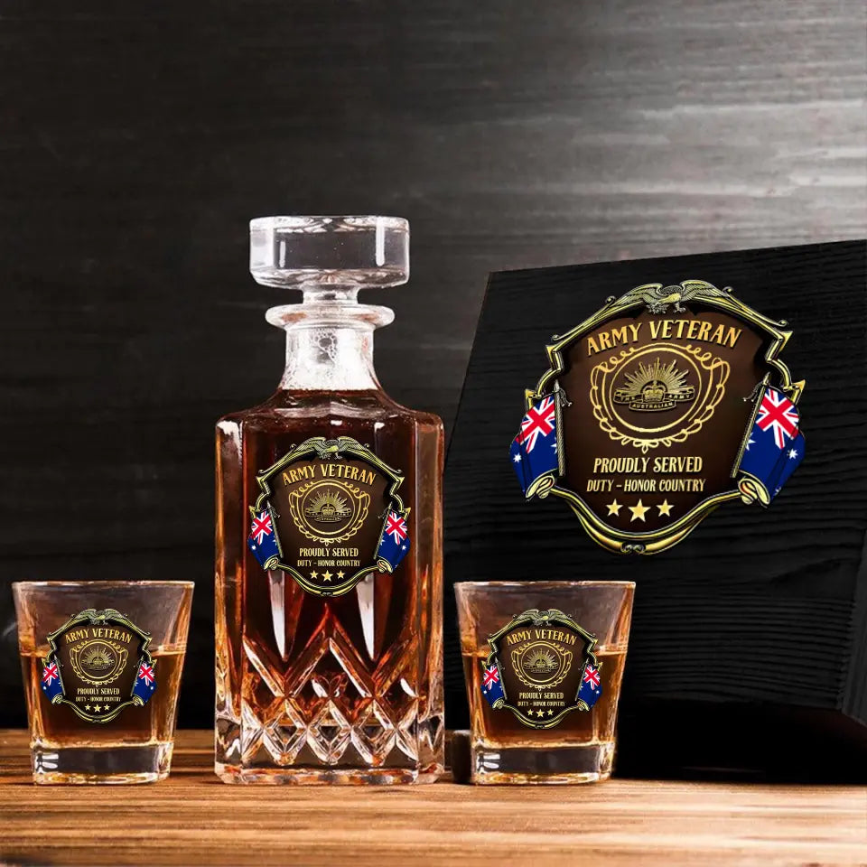 Personalized Australian Veteran Logo Proudly Served Duty Honor Country Decanter Set with Glasses Printed AHVQ241455