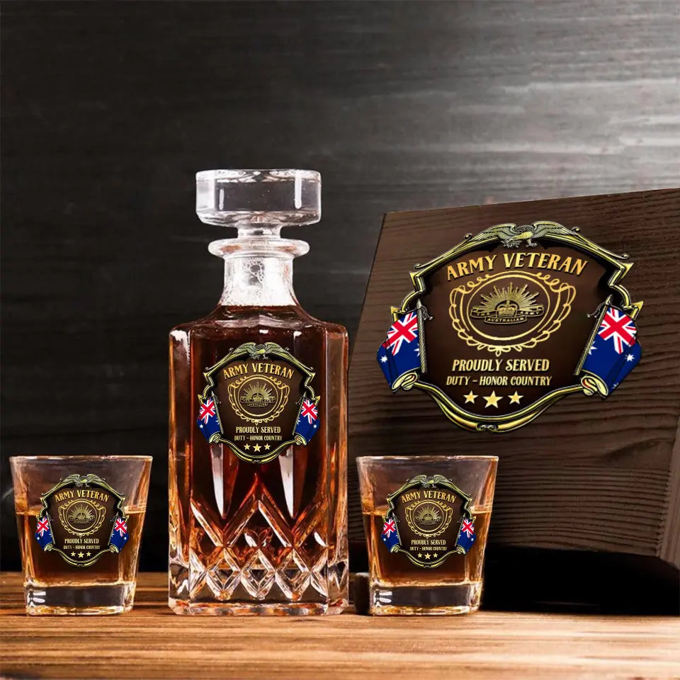 Personalized Australian Veteran Logo Proudly Served Duty Honor Country Decanter Set with Glasses Printed AHVQ241455