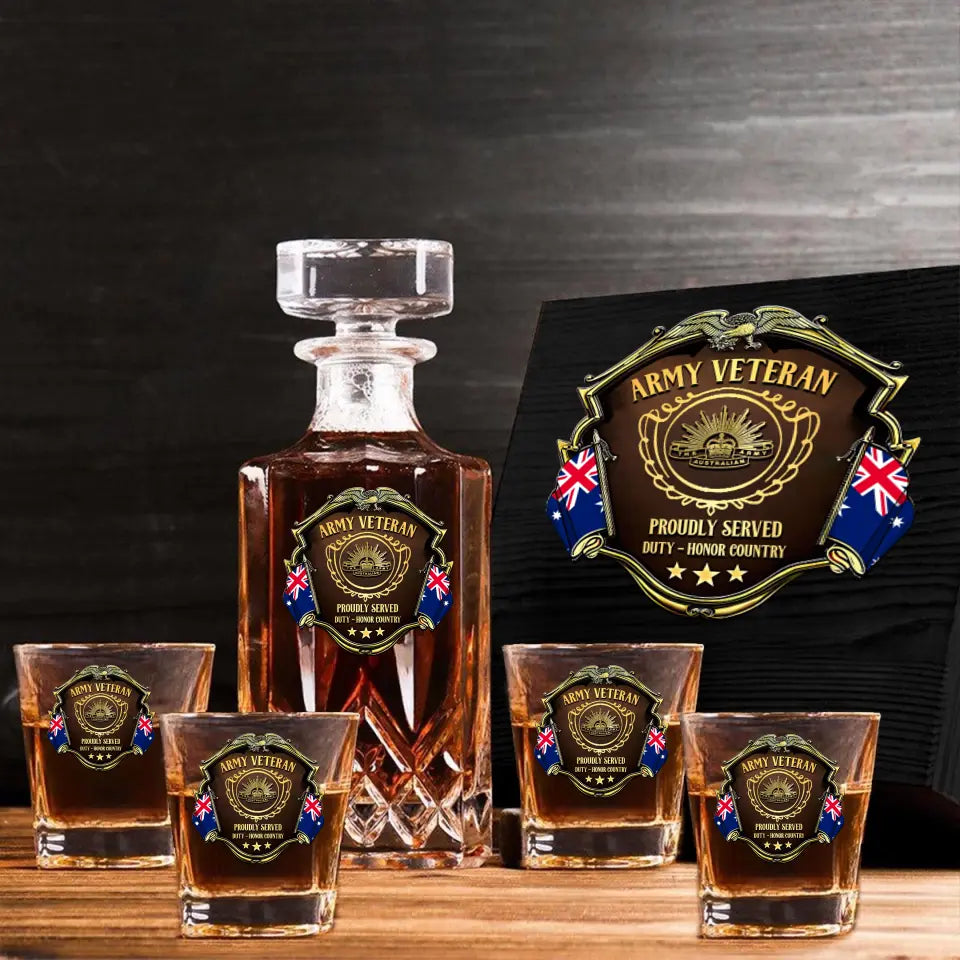 Personalized Australian Veteran Logo Proudly Served Duty Honor Country Decanter Set with Glasses Printed AHVQ241455