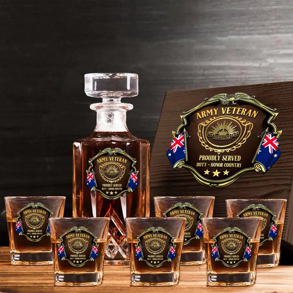 Personalized Australian Veteran Logo Proudly Served Duty Honor Country Decanter Set with Glasses Printed AHVQ241455