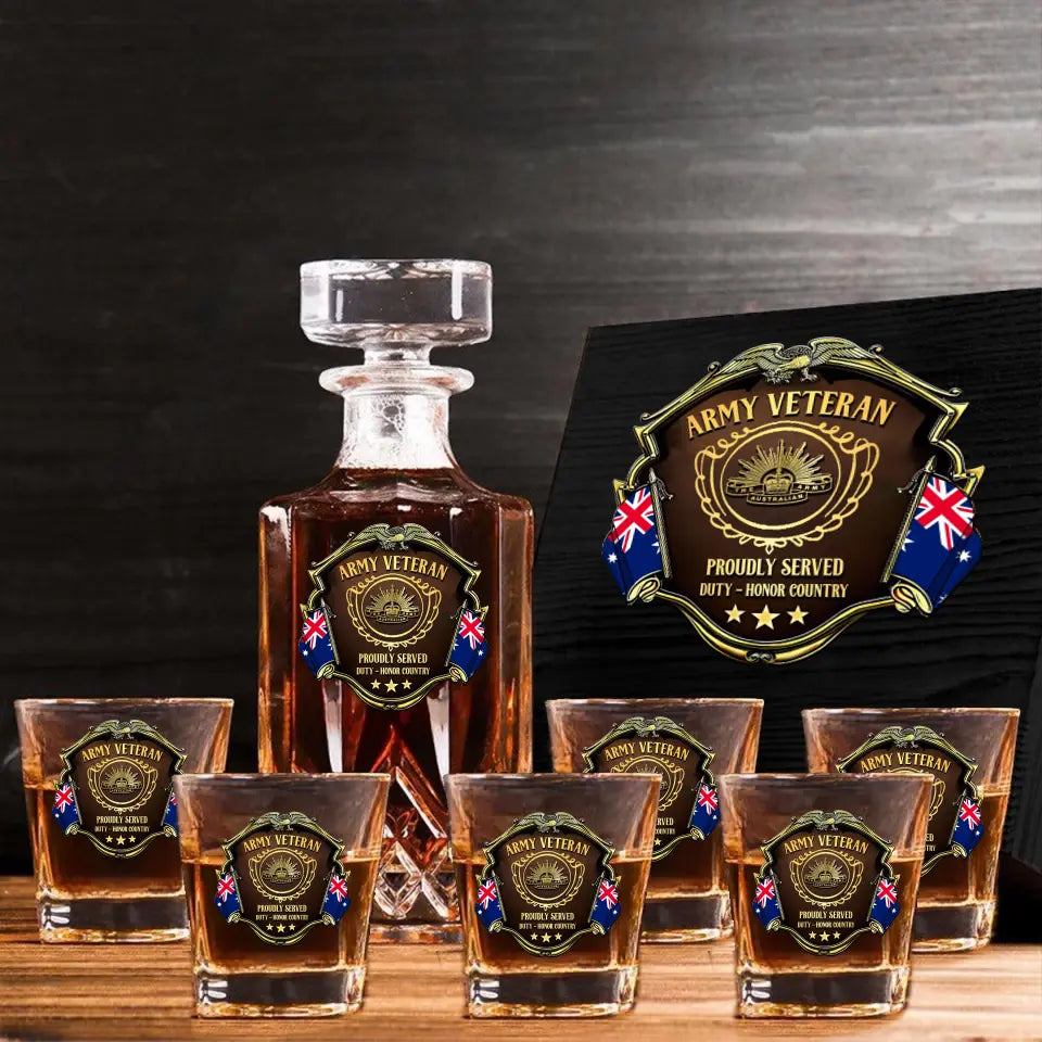 Personalized Australian Veteran Logo Proudly Served Duty Honor Country Decanter Set with Glasses Printed AHVQ241455