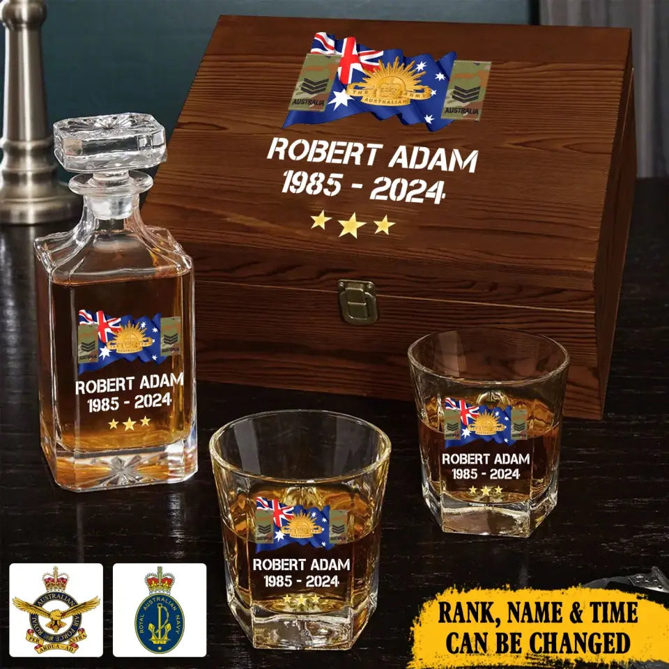 Personalized Australian Veteran Rank Camo Custom Name & Time Decanter Set with Glasses printed AHVA241459