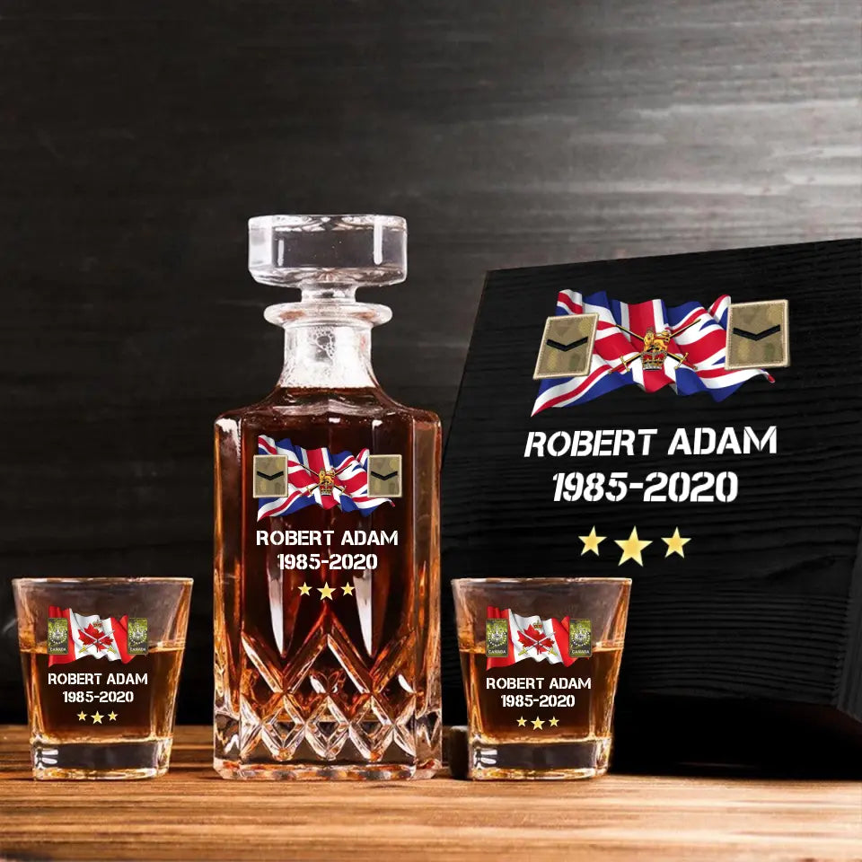 Personalized UK Veteran Rank Camo Custom Name & Time Decanter Set with Glasses printed AHVA241459