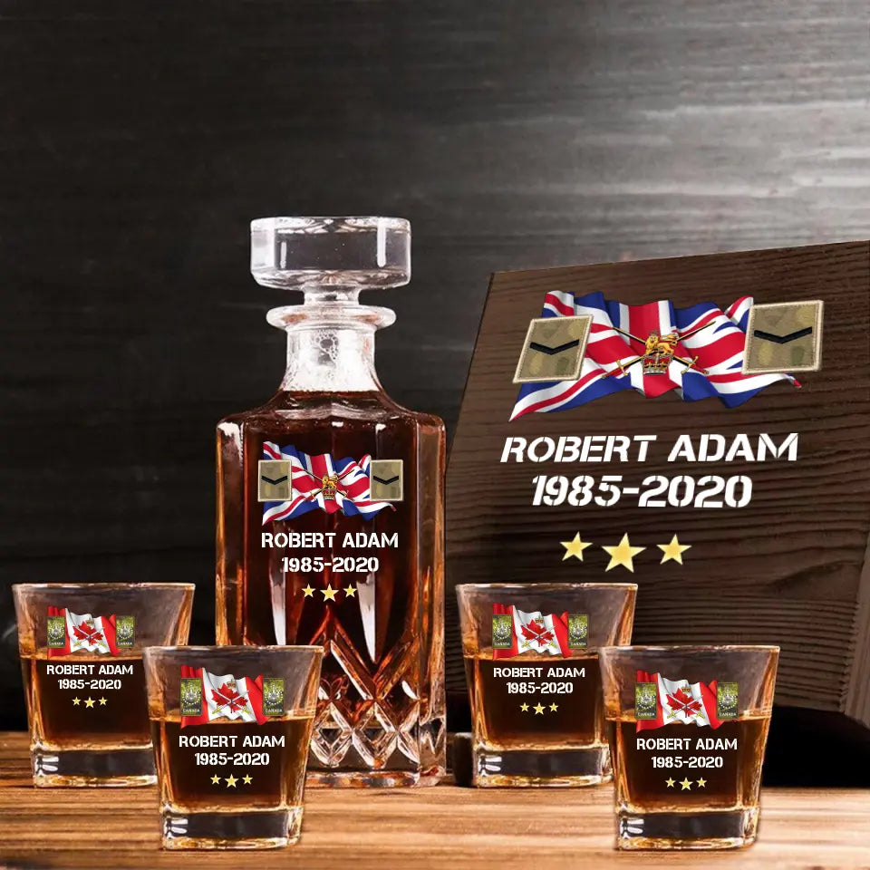 Personalized UK Veteran Rank Camo Custom Name & Time Decanter Set with Glasses printed AHVA241459
