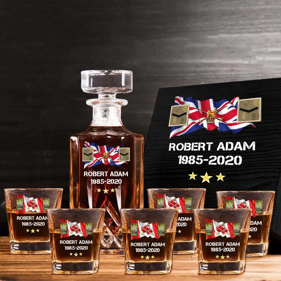 Personalized UK Veteran Rank Camo Custom Name & Time Decanter Set with Glasses printed AHVA241459