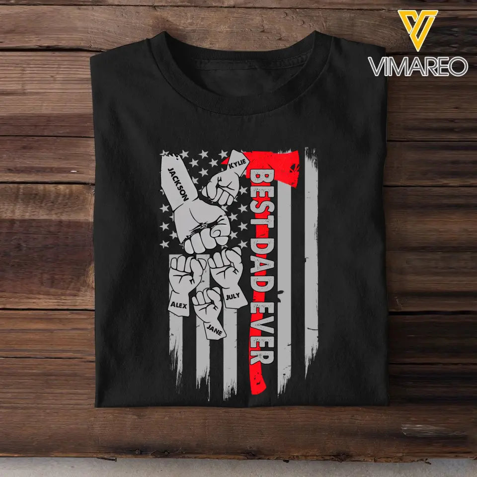 Personalized Best Dad Ever Hands & Kid Name US Flag T-shirt Printed QTKH241453