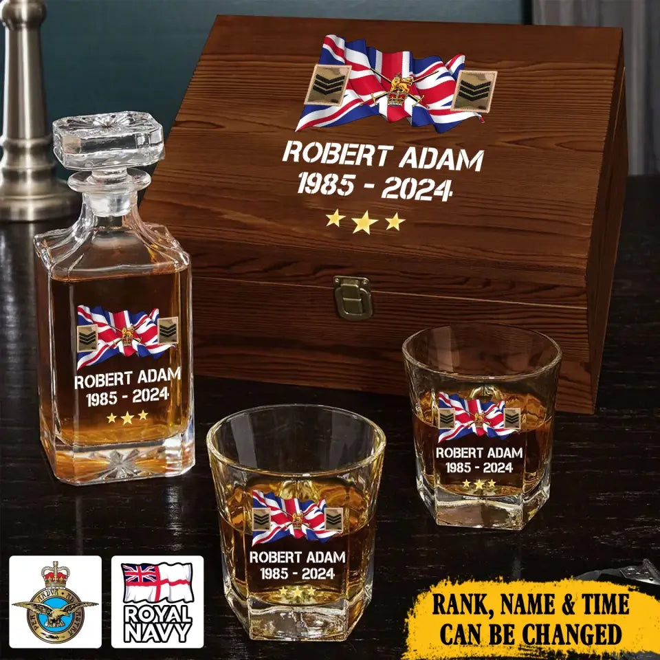 Personalized UK Veteran Rank Camo Custom Name & Time Decanter Set with Glasses printed AHVA241459