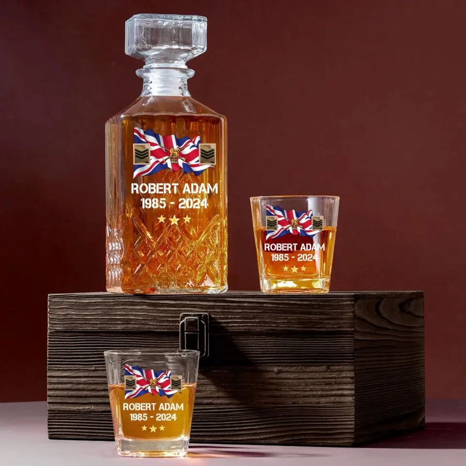 Personalized UK Veteran Rank Camo Custom Name & Time Decanter Set with Glasses printed AHVA241459