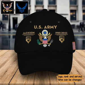 Personalized US Army Logo & Rank Gold Custom Name & Time Cap 3D Printed QTKH241462