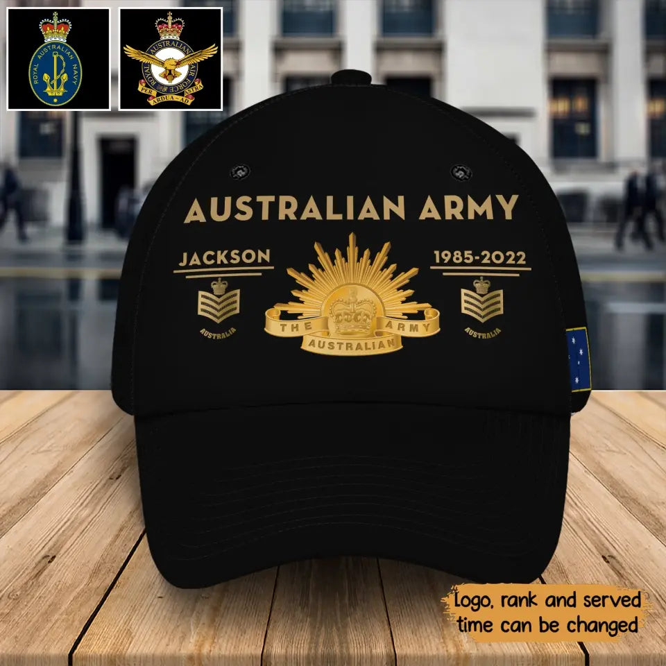 Personalized Australian Army Logo & Rank Gold Custom Name & Time Cap 3D Printed QTKH241462