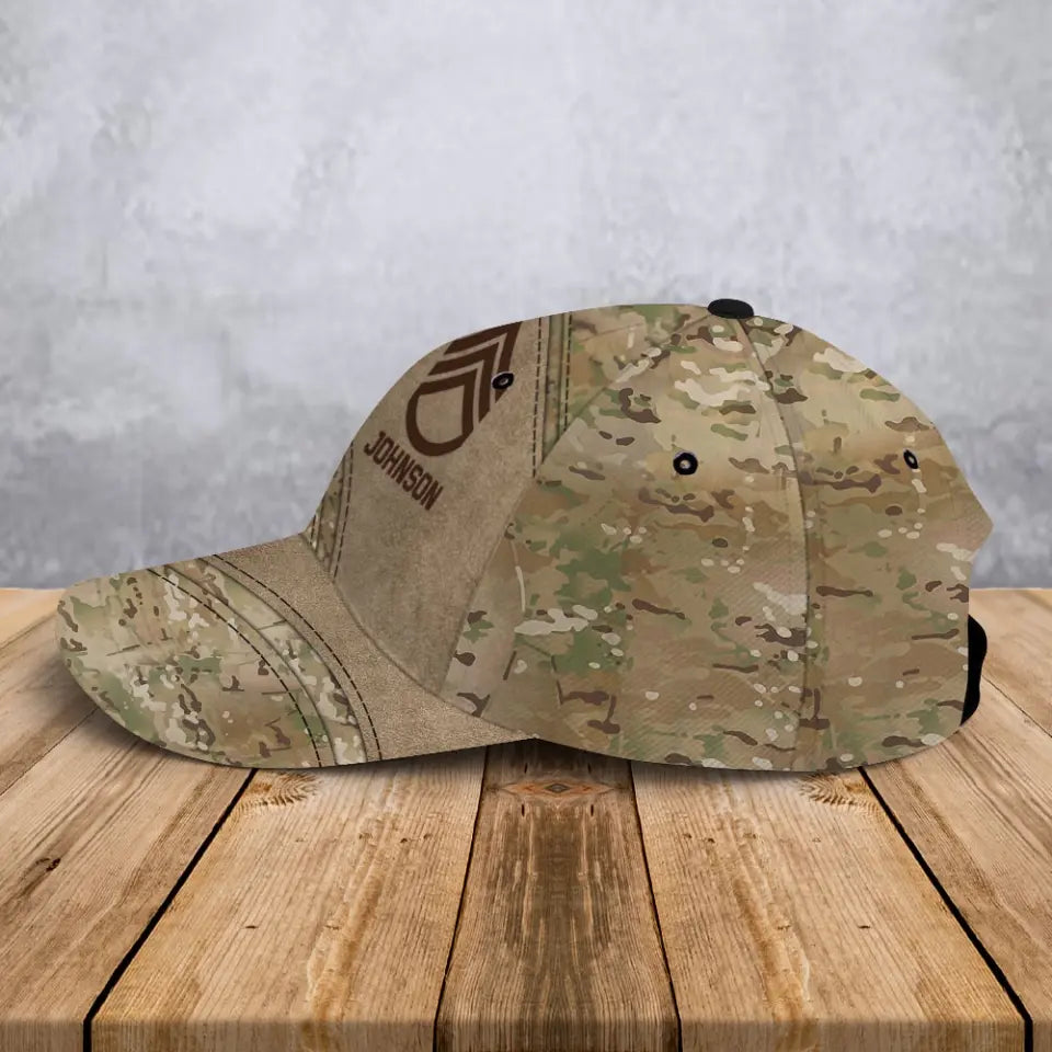 Personalized US Army Veteran Rank Camo & Name Cap 3D Printed VA241466