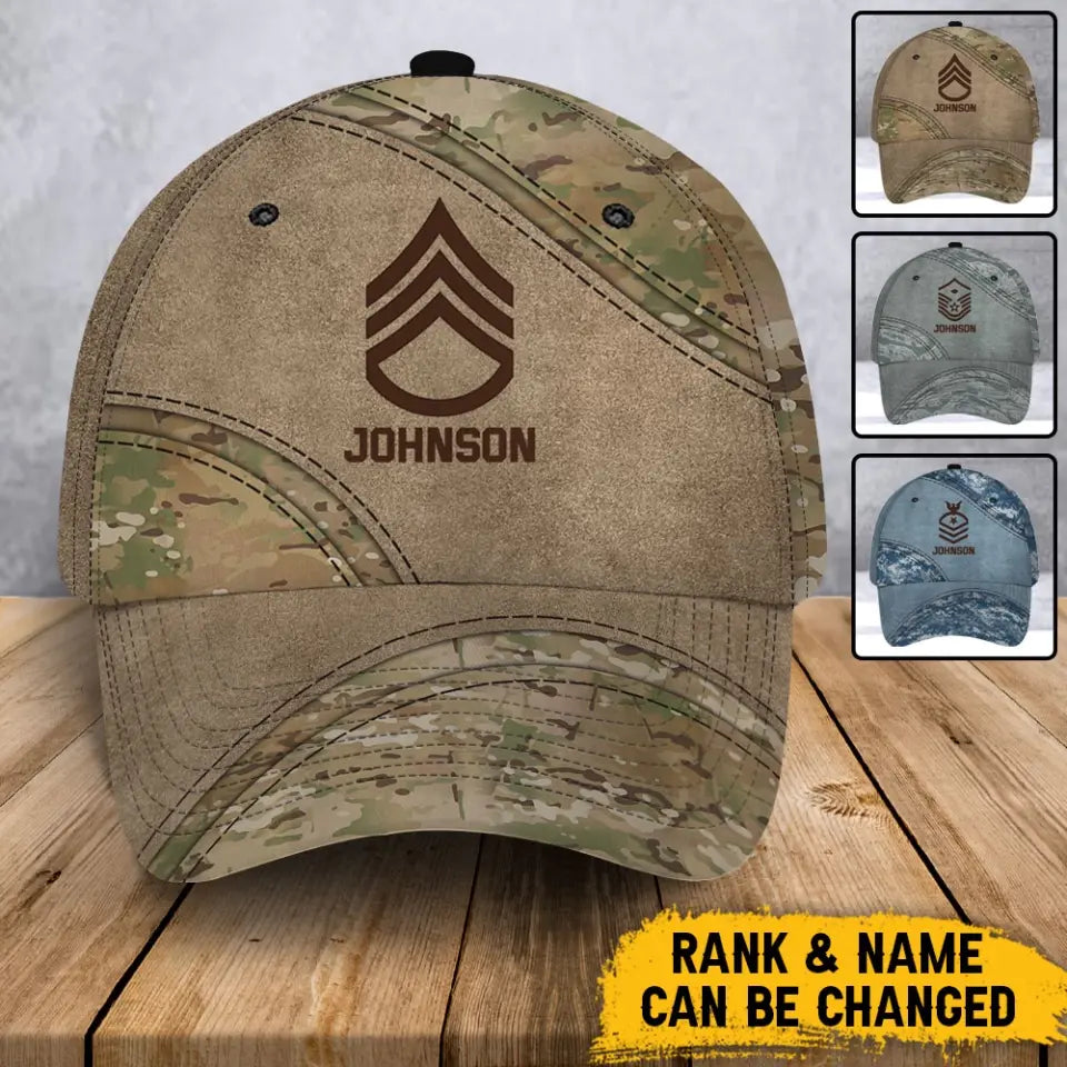 Personalized US Army Veteran Rank Camo & Name Cap 3D Printed VA241466