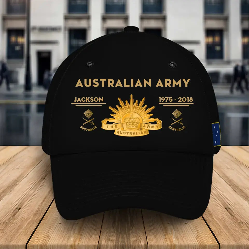 Personalized Australian Army Logo & Rank Gold Custom Name & Time Cap 3D Printed QTKH241462