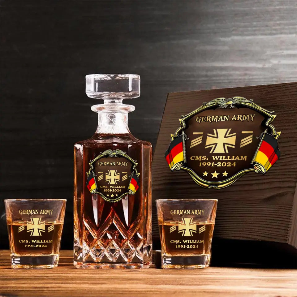 Personalized German Veteran Branch Logo Rank Gold Custom Name & Time Decanter Set with Glasses printed AHVA241425
