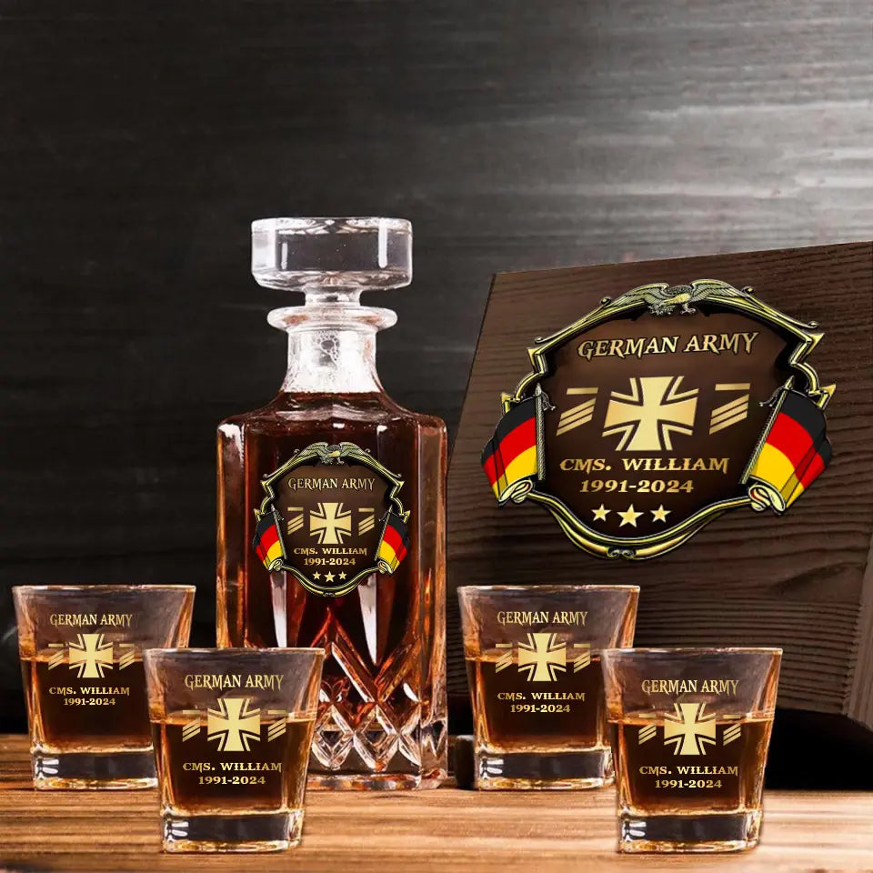 Personalized German Veteran Branch Logo Rank Gold Custom Name & Time Decanter Set with Glasses printed AHVA241425