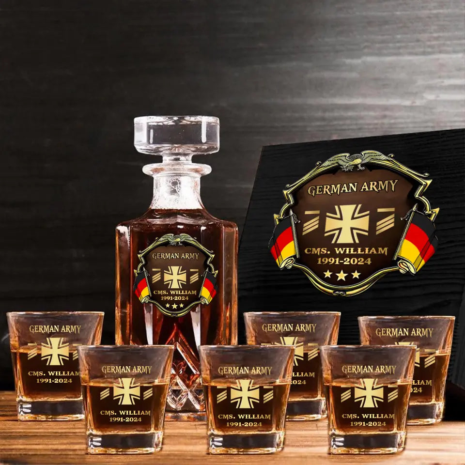 Personalized German Veteran Branch Logo Rank Gold Custom Name & Time Decanter Set with Glasses printed AHVA241425